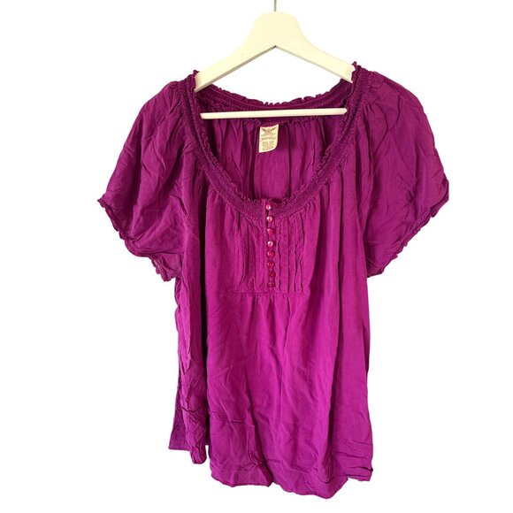 Faded Glory Magenta Smocked Blouse Plus Size XXL Womens Short Sleeve Button Top - Picture 3 of 6